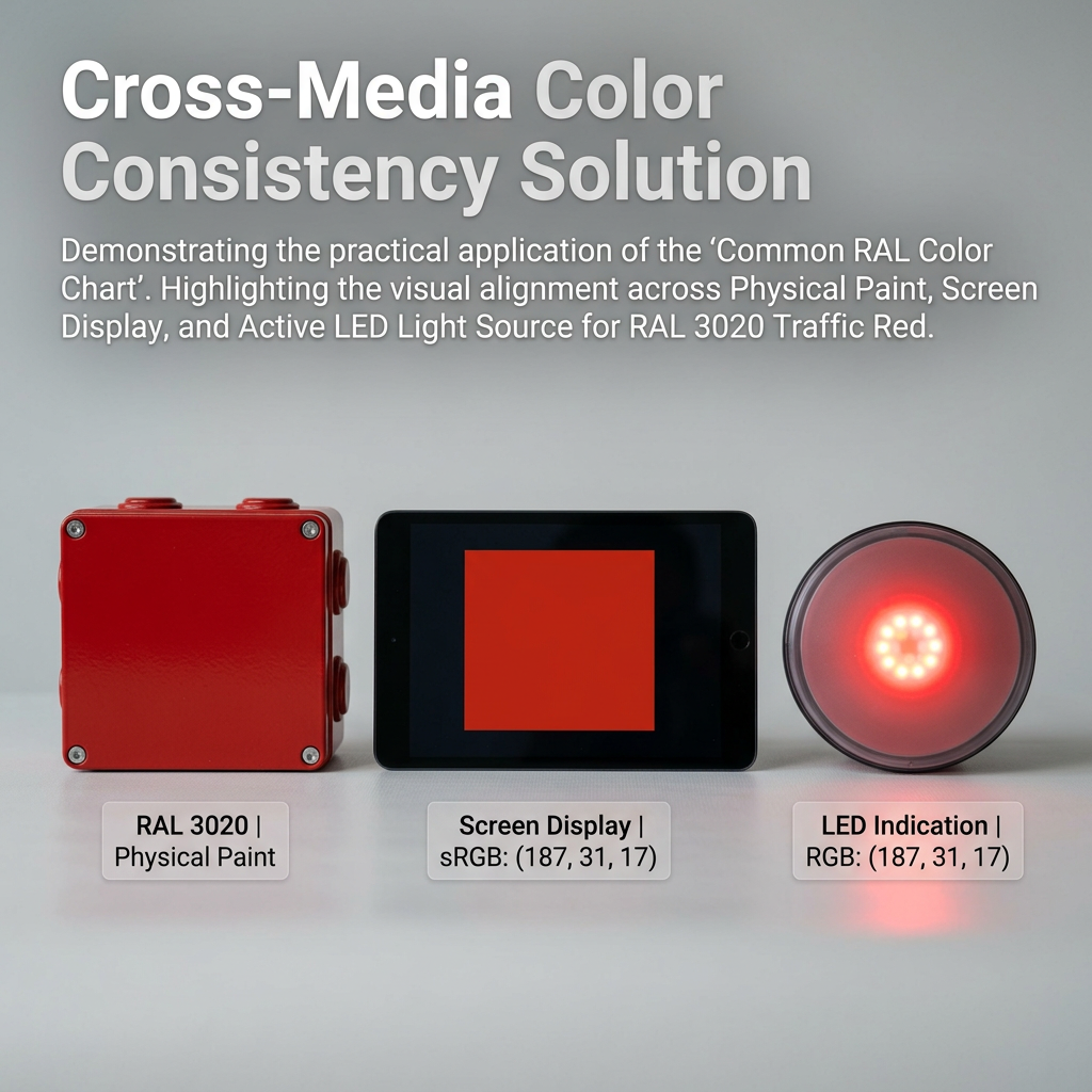 展示RAL 3020交通红在喷涂金属外壳、平板电脑屏幕和恒彩电子RGB LED指示灯上的跨媒介色彩一致性，突出实用对照表的重要应用。