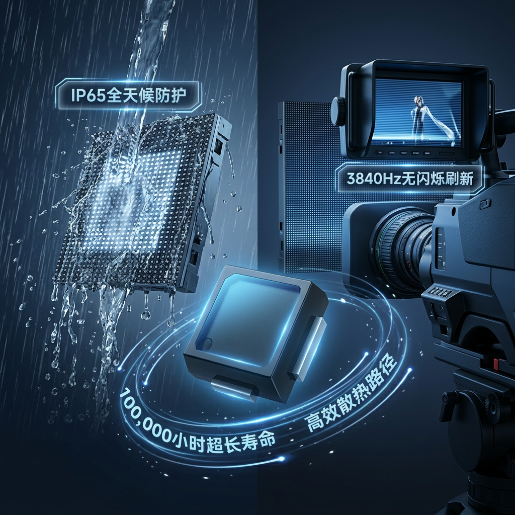 smd1415黑灯高性能参数图：展示IP65防水防尘、3840Hz高刷新率和10万小时超长寿命，确保全天候稳定运行。