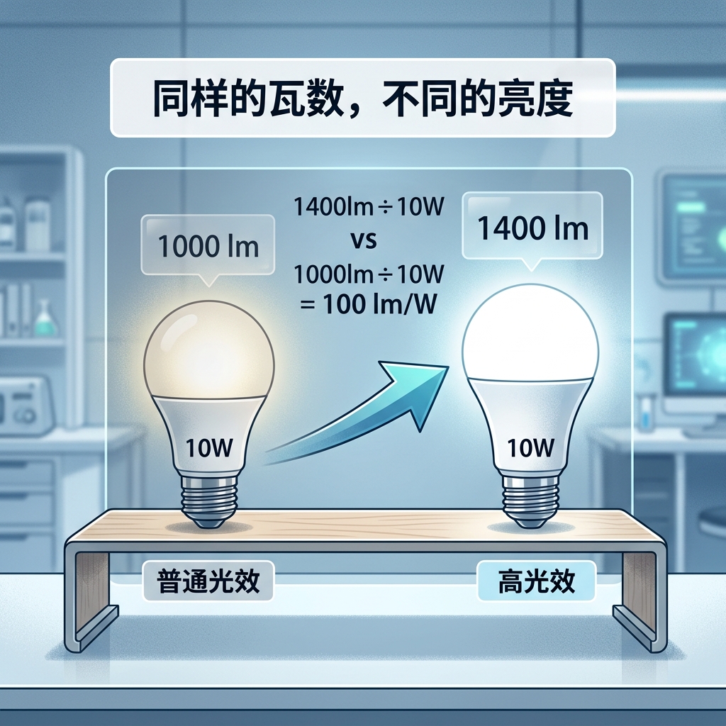 一张对比图，展示两个外观相同但亮度不同的10W LED灯泡。左侧灯泡标注10W和1000lm（100 lm/W），光线暗淡；右侧灯泡标注10W和1400lm（140 lm/W），光线明亮。图示强调了在LED时代，同样的瓦数却能有不同的亮度，说明流明效率的重要性。