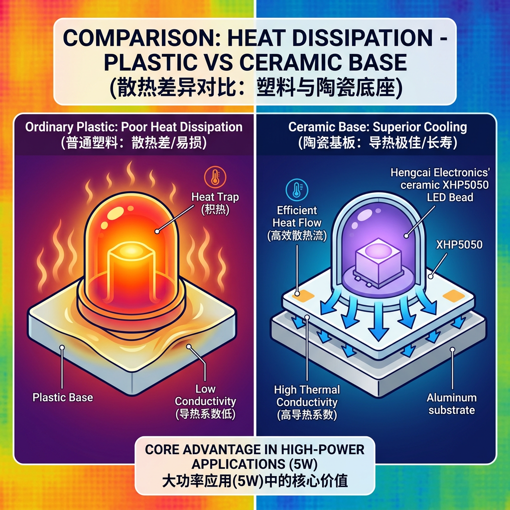 陶瓷底座与塑料底座散热性能对比图，直观展示陶瓷基板如何高效散热，而普通塑料则热量积聚导致易损。