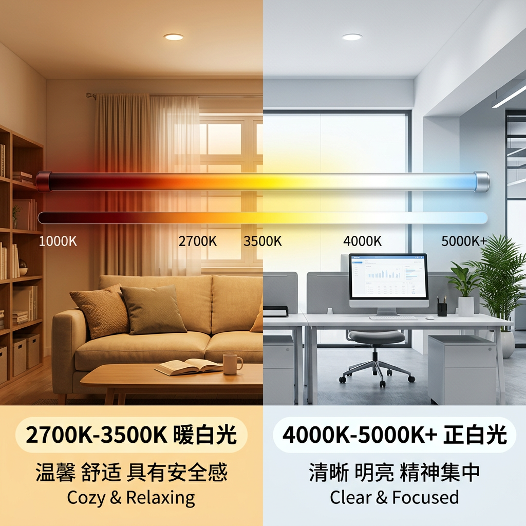 暖白光与正白光色温对比图，左侧为温馨暖白光客厅（2700K-3500K），右侧为明亮正白光办公区（4000K-5000K+），背景隐喻色温演变。