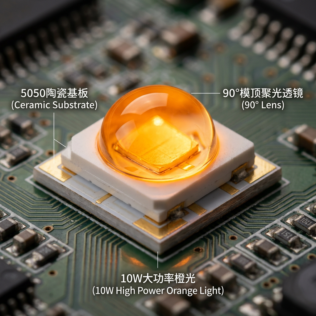 5050陶瓷橙光10瓦LED灯珠特写，展示其5x5mm陶瓷基板、90度模顶透镜及温暖橙光发光效果