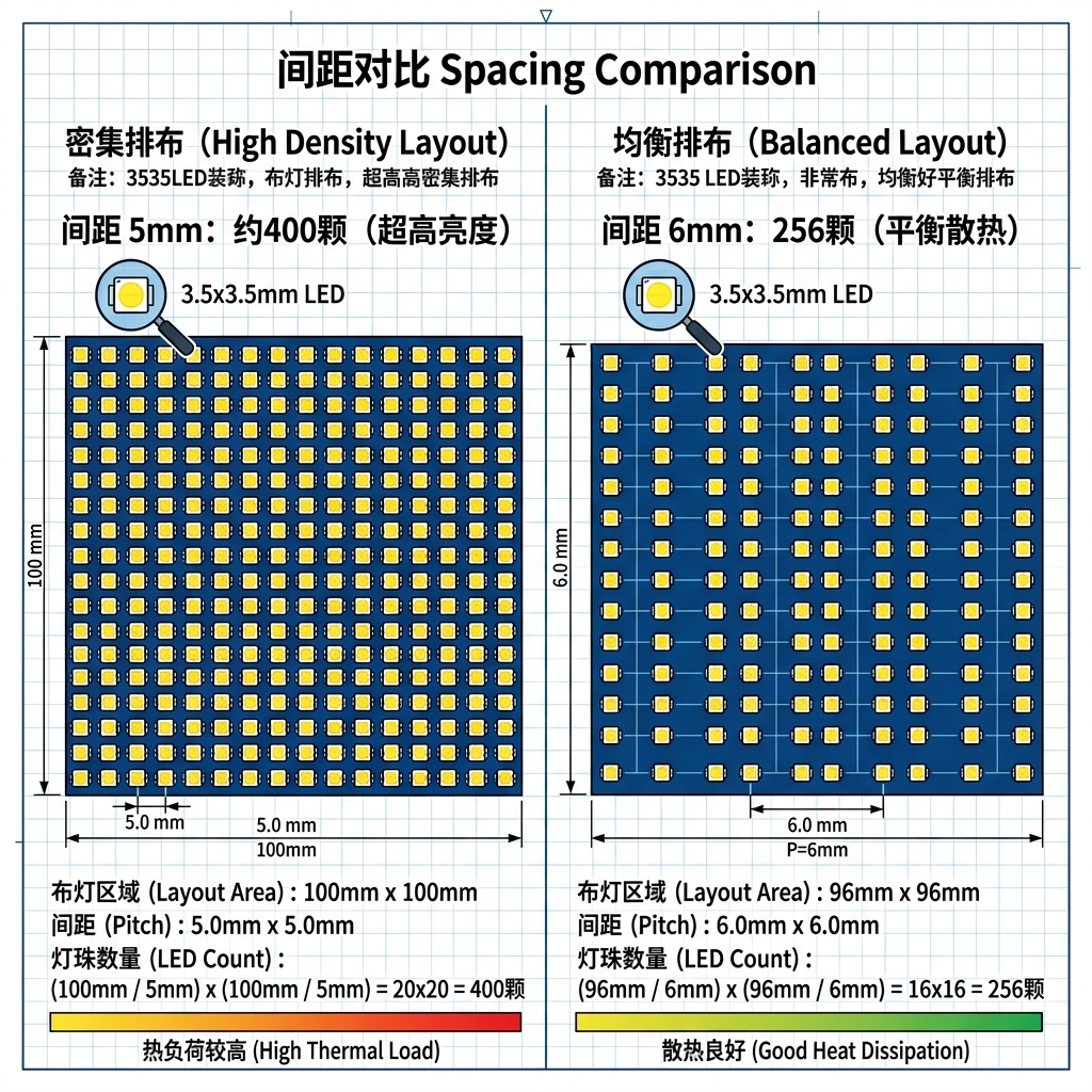 排布计算示意图，展示100x100mm板上5毫米间距约400颗3535灯珠的密集排布