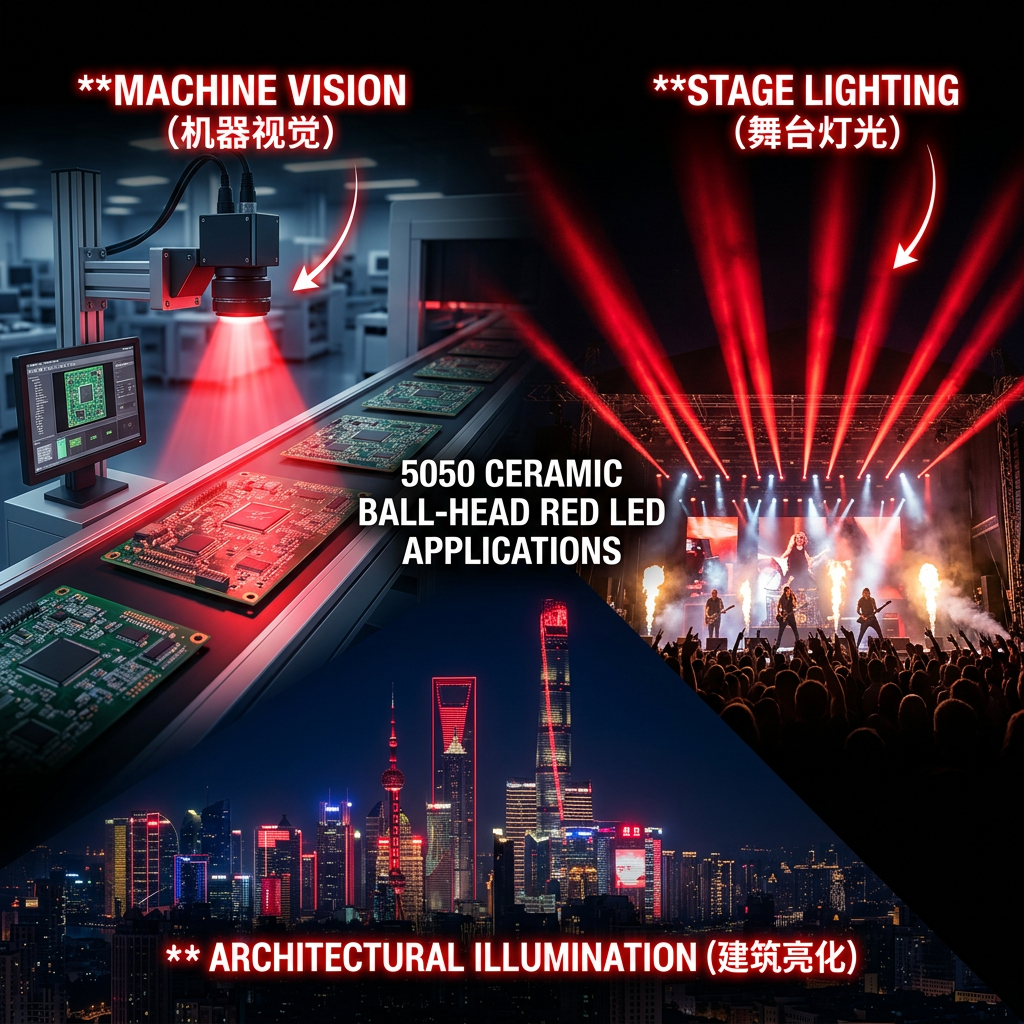 5050陶瓷球头红色LED灯珠多场景应用图：工业视觉检测、舞台强力聚光及城市建筑亮化