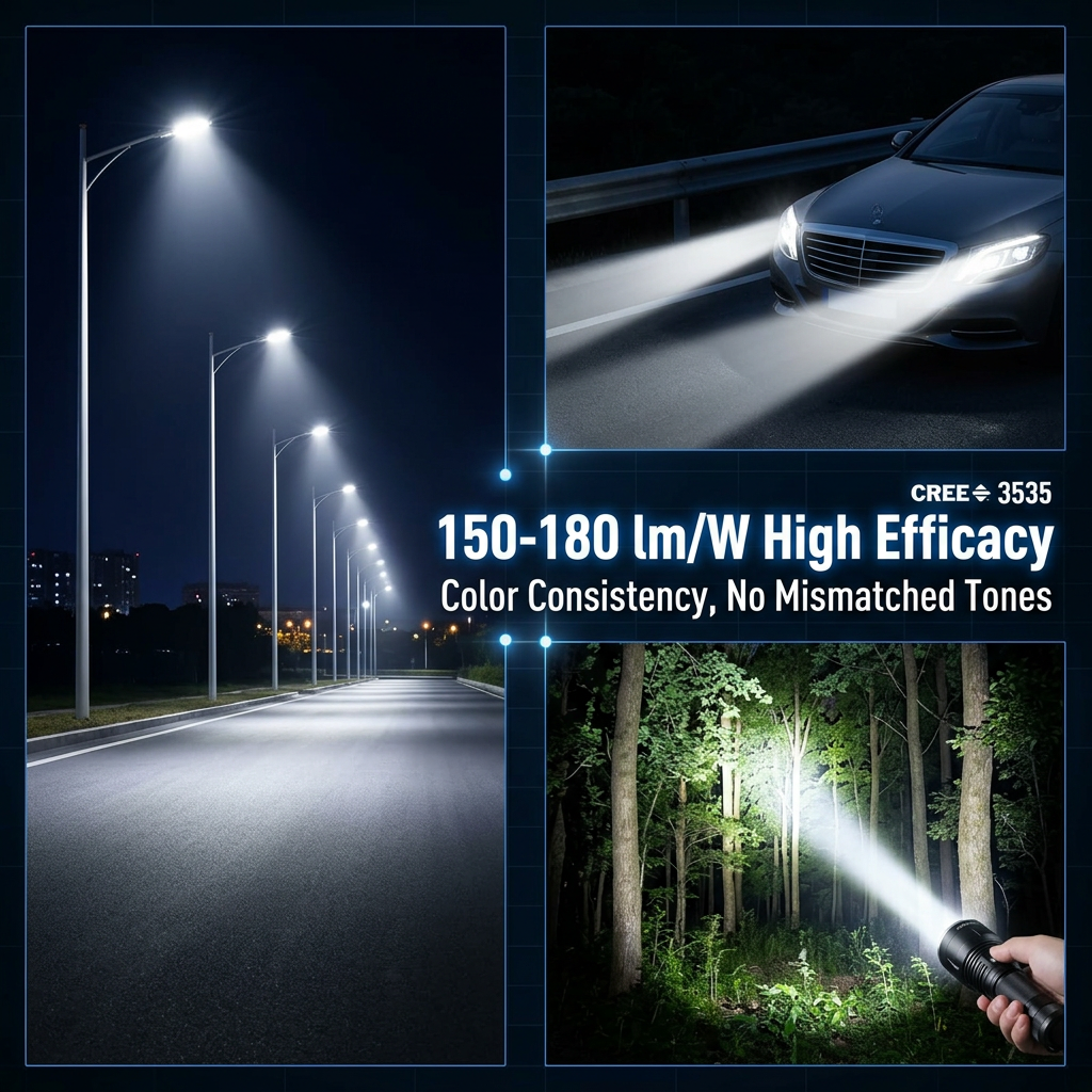 CREE 3535陶瓷LED灯珠在路灯、汽车大灯和强光手电筒中的应用场景,展示其高光效、高亮度及卓越的色温一致性。