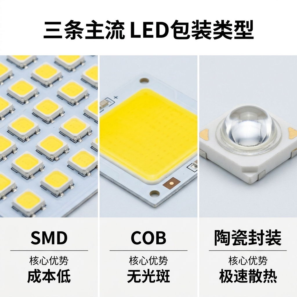 SMD、COB和陶瓷封装LED灯珠横向对比图,展示不同封装类型的特点与优势。