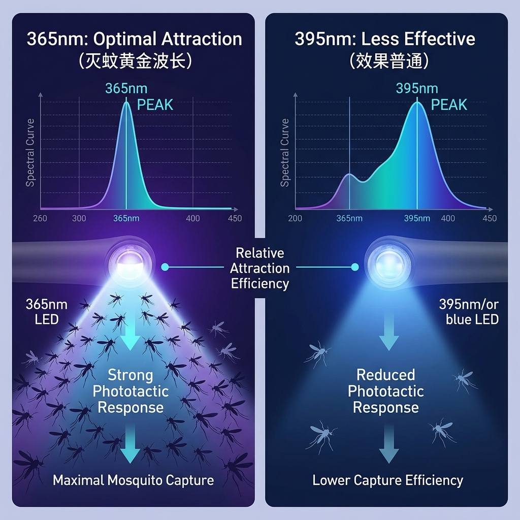 365nm与395nm紫光灭蚊效果对比图，展示365nm对蚊虫的更强吸引力