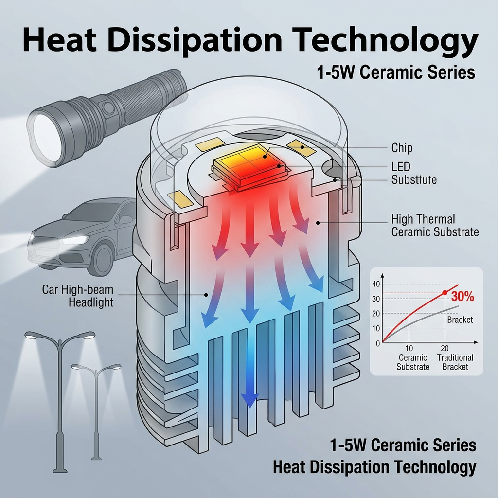 恒彩电子1-5W陶瓷系列大功率LED灯珠剖面图,展示高导热陶瓷基板如何高效散热,提升产品寿命,适用于手电筒、路灯等高亮场景