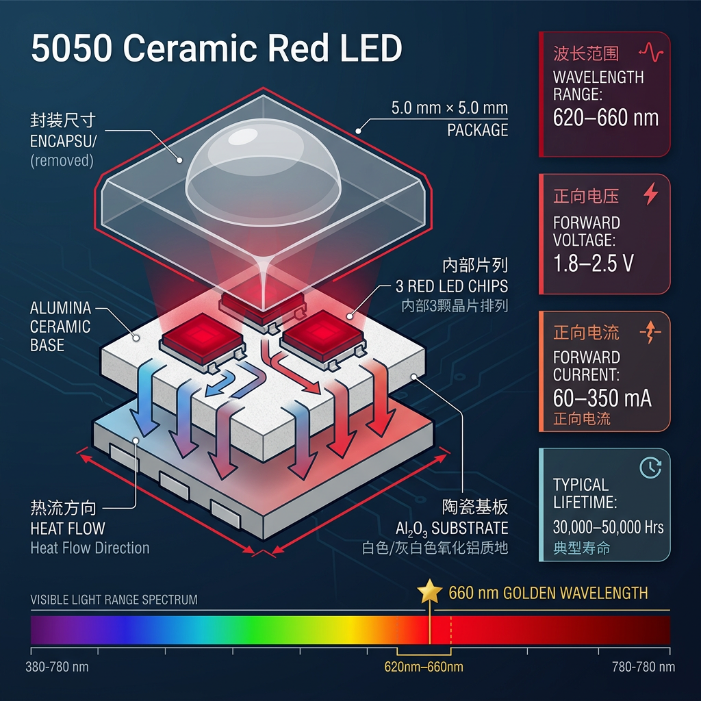 5050陶瓷红光LED剖面爆炸图，展示其5.0x5.0mm封装、内部3颗晶片、陶瓷基板及热流方向，并标注波长620-660nm、电压、电流和寿命等核心参数