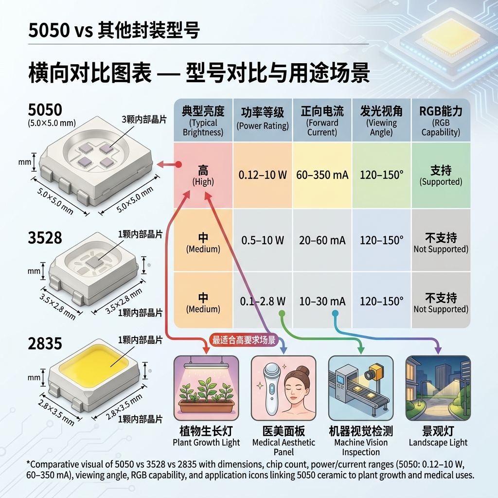 5050、3528、2835等SMD LED封装型号对比图，展示尺寸、晶片数、亮度、功率及适用场景，强调5050陶瓷红光LED在植物灯、医美、机器视觉等高要求场景的优势