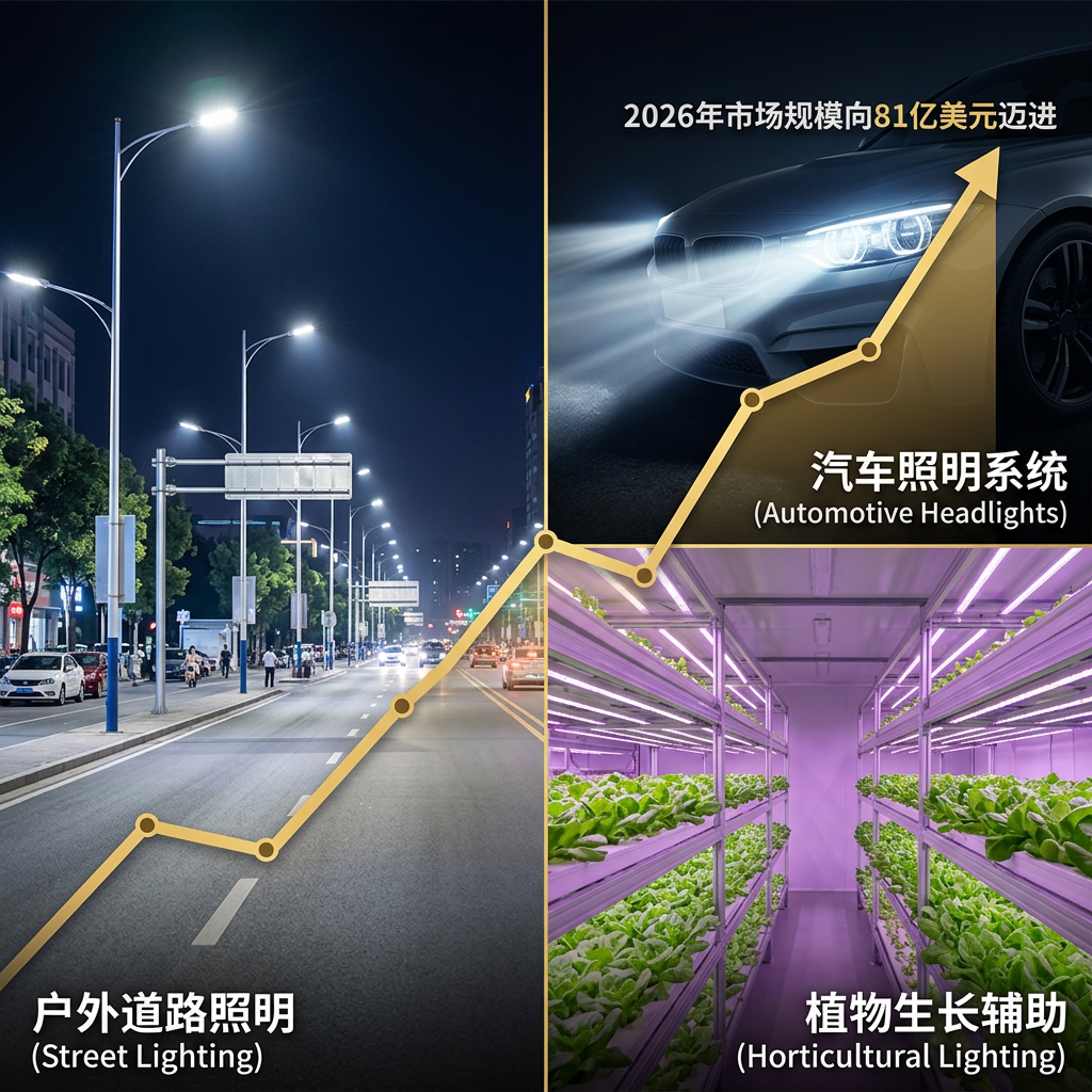 3535大功率LED多场景应用综合展示图,包含户外道路照明、汽车照明系统和植物生长辅助,并以增长曲线预示其在2026年将达81亿美元的市场规模。