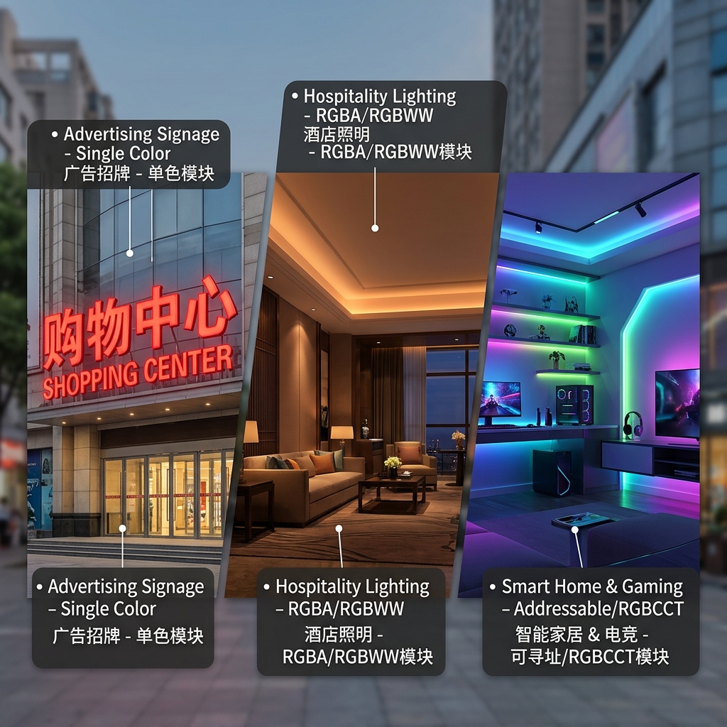 不同应用场景的彩光模块选型：广告招牌、酒店氛围和智能家居动态灯效的视觉展示。