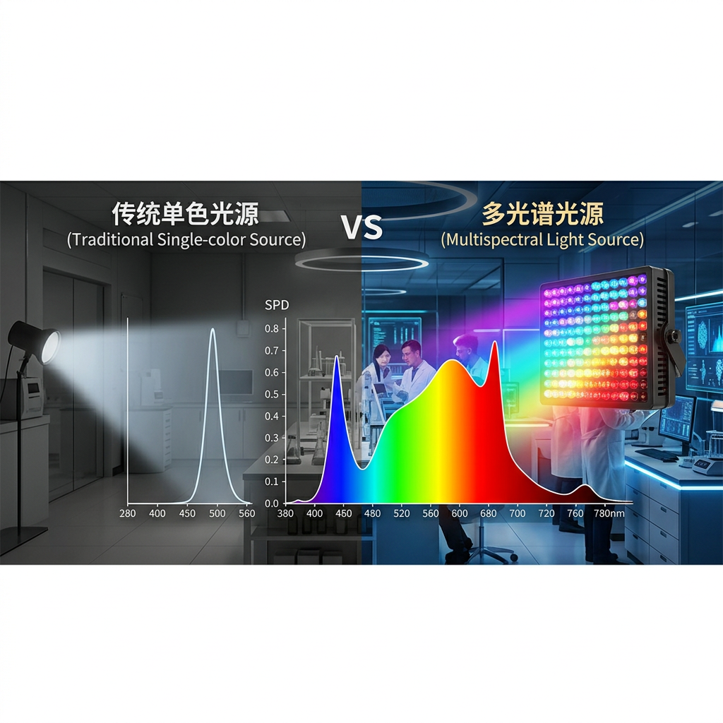 多光谱光源与传统单色光源对比图：左侧为单色光源，右侧为多光谱LED阵列，通过多种颜色LED组合形成可调光谱，并展示了其复杂的SPD曲线，形象比喻为“交响乐团”与“单歌手”。