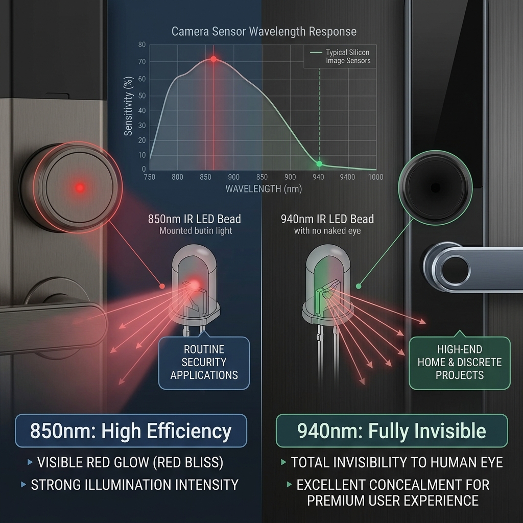 850nm与940nm红外LED灯珠在智能门锁应用中的视觉对比,突出850nm的微弱红曝和940nm的完全隐蔽性