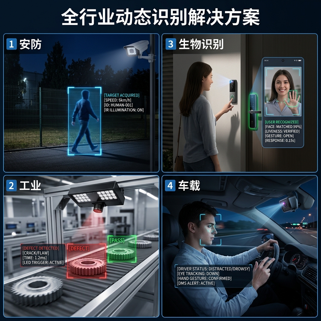 快速响应红外LED灯珠动态识别在安防、工业、生物识别和车载系统中的多场景应用展示。