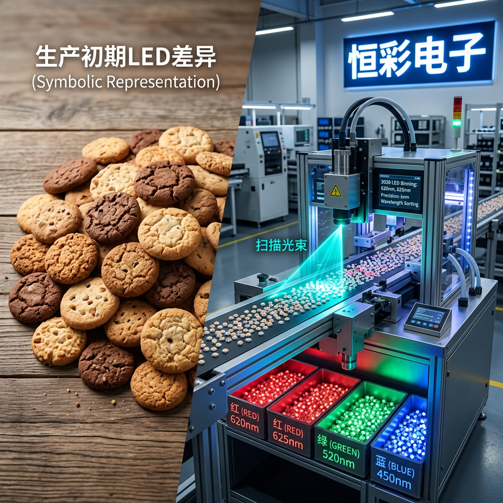 恒彩电子LED分光机:左为未分类的饼干(象征LED差异),右为正在精准分类LED灯珠的分光机,确保色彩波长一致性。