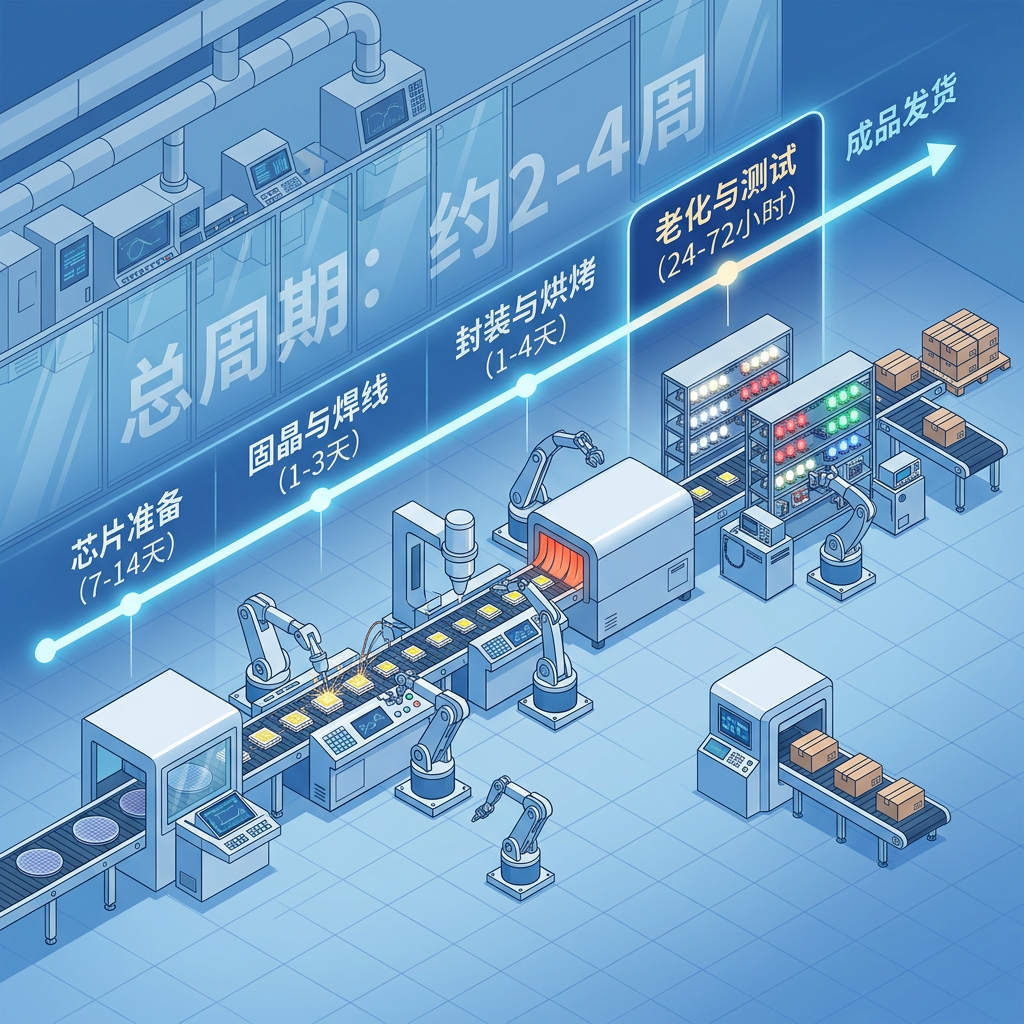 LED灯珠生产周期全景图,展示从芯片准备到成品发货的2-4周关键流程