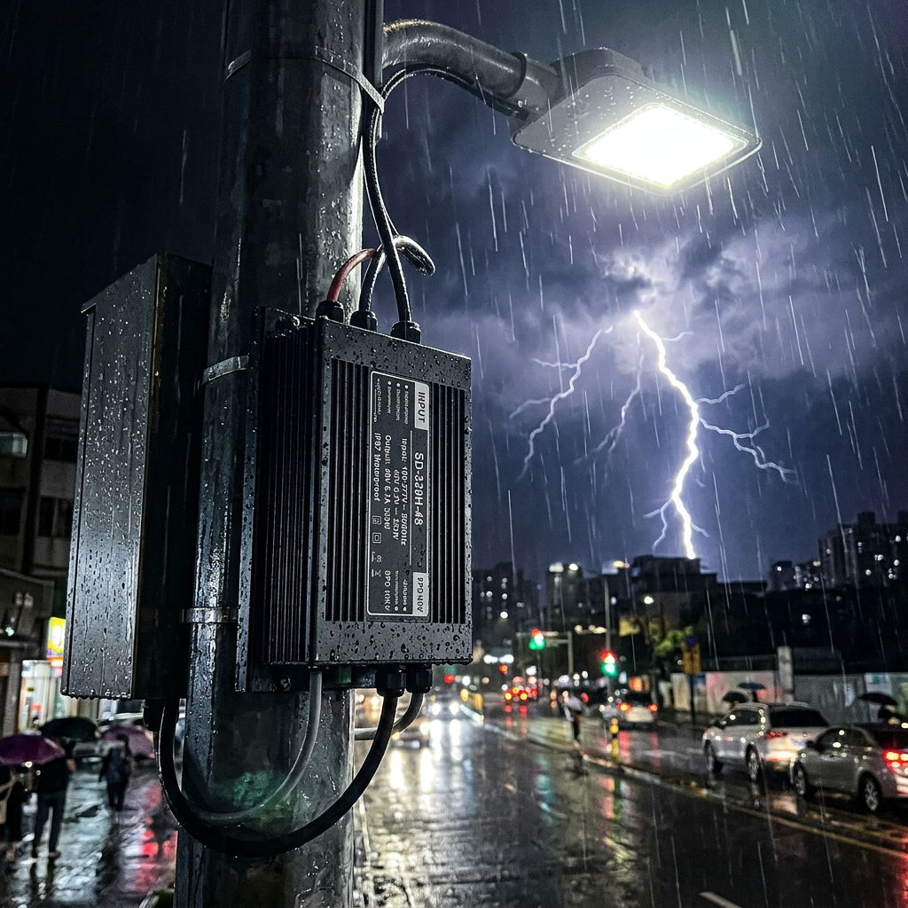 大功率LED电源在暴雨雷电等严苛户外环境下，仍能保持稳定工作并具备防雷防水功能