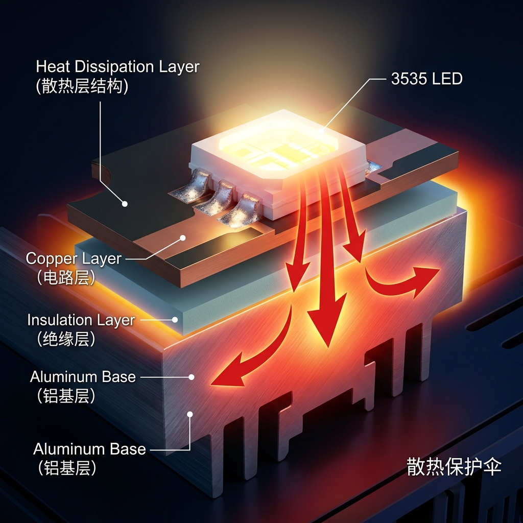 3D剖面图展示铝基板多层结构及其高效散热原理，热量从3535灯珠迅速传导至铝基层