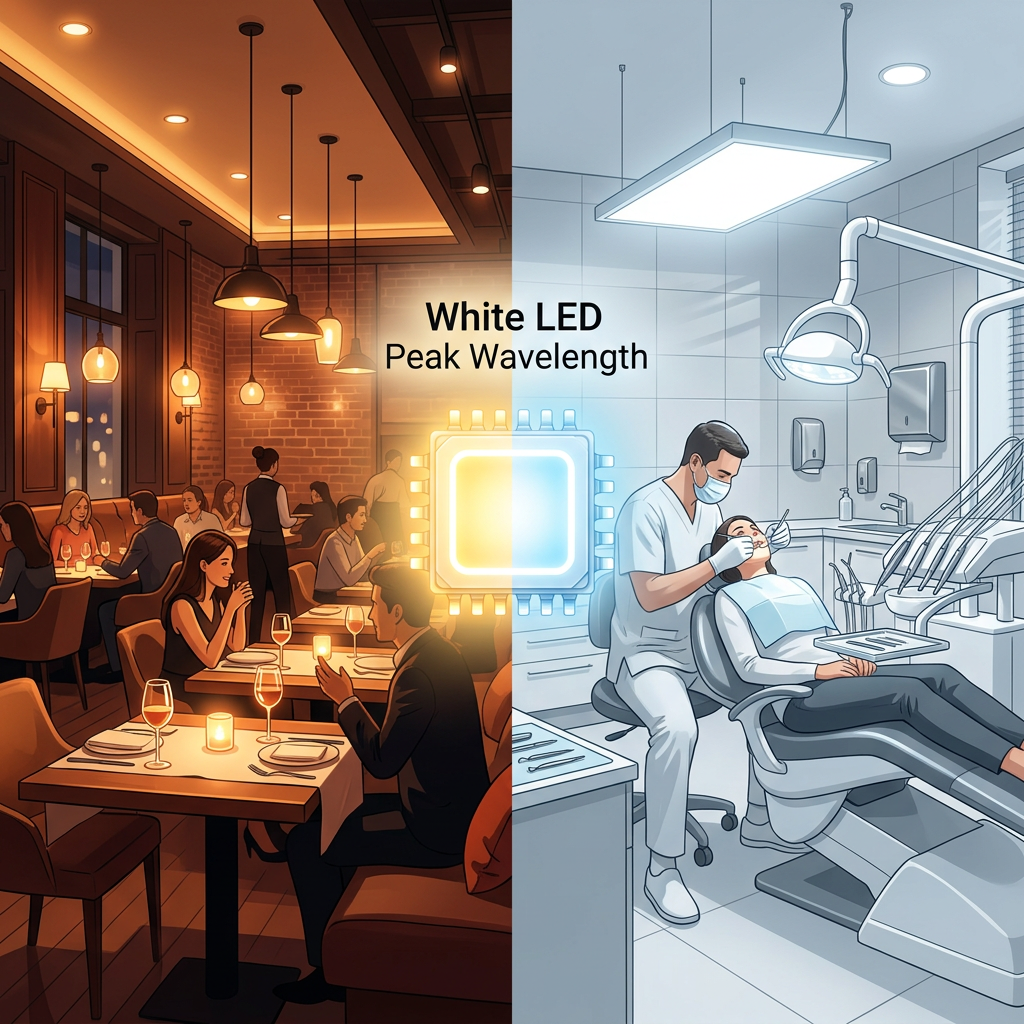 对比图：左侧暖白光餐厅与右侧冷白光牙科诊所，中间由LED芯片连接，直观展现白色LED中心波长对感官体验的影响。
