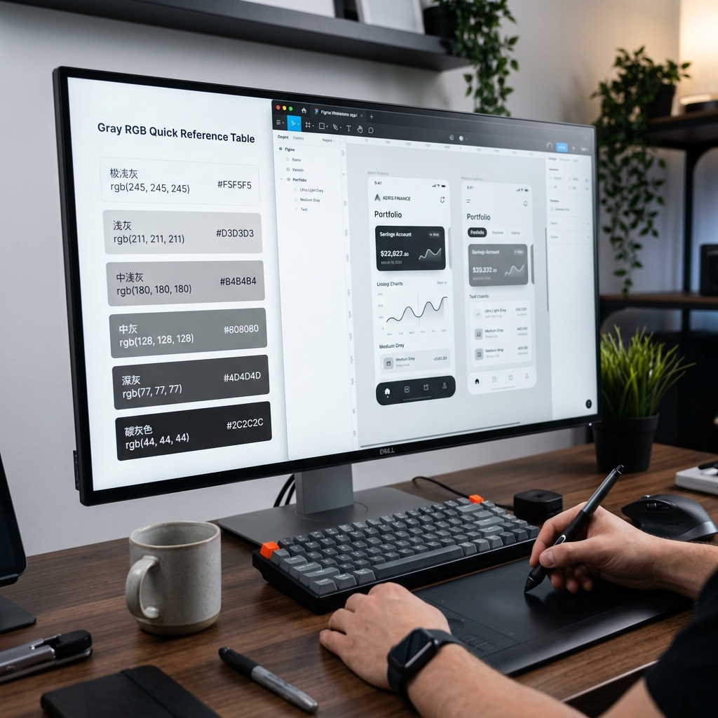 设计师在专业软件中使用灰色RGB值速查表，将从极浅灰到碳灰的多种灰色精准应用于移动APP界面设计，展示灰色在提升设计高级感中的作用。