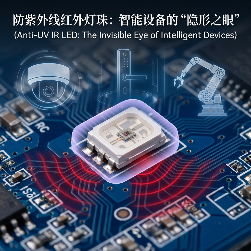 防紫外线红外灯珠特写，展示其在电路板上发光，背景叠加安防摄像头、智能门锁和工业机械臂轮廓，寓意智能设备的隐形之眼。
