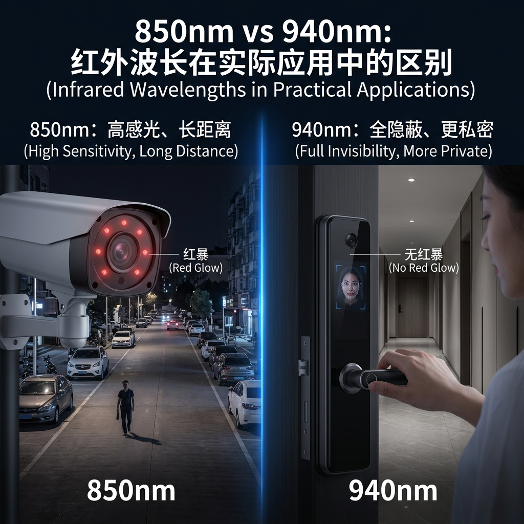 850nm与940nm红外灯波长应用对比图，展示红暴与隐蔽性差异