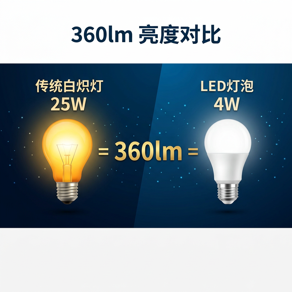 一张图直观对比360流明亮度下，LED灯泡仅需4W，而传统白炽灯却需要25W的巨大功耗差异，强调LED的节能优势。