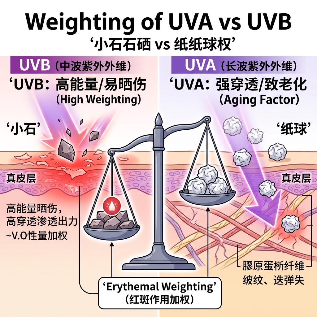 UVA与UVB对皮肤伤害的对比图，形象解释红斑作用加权原理