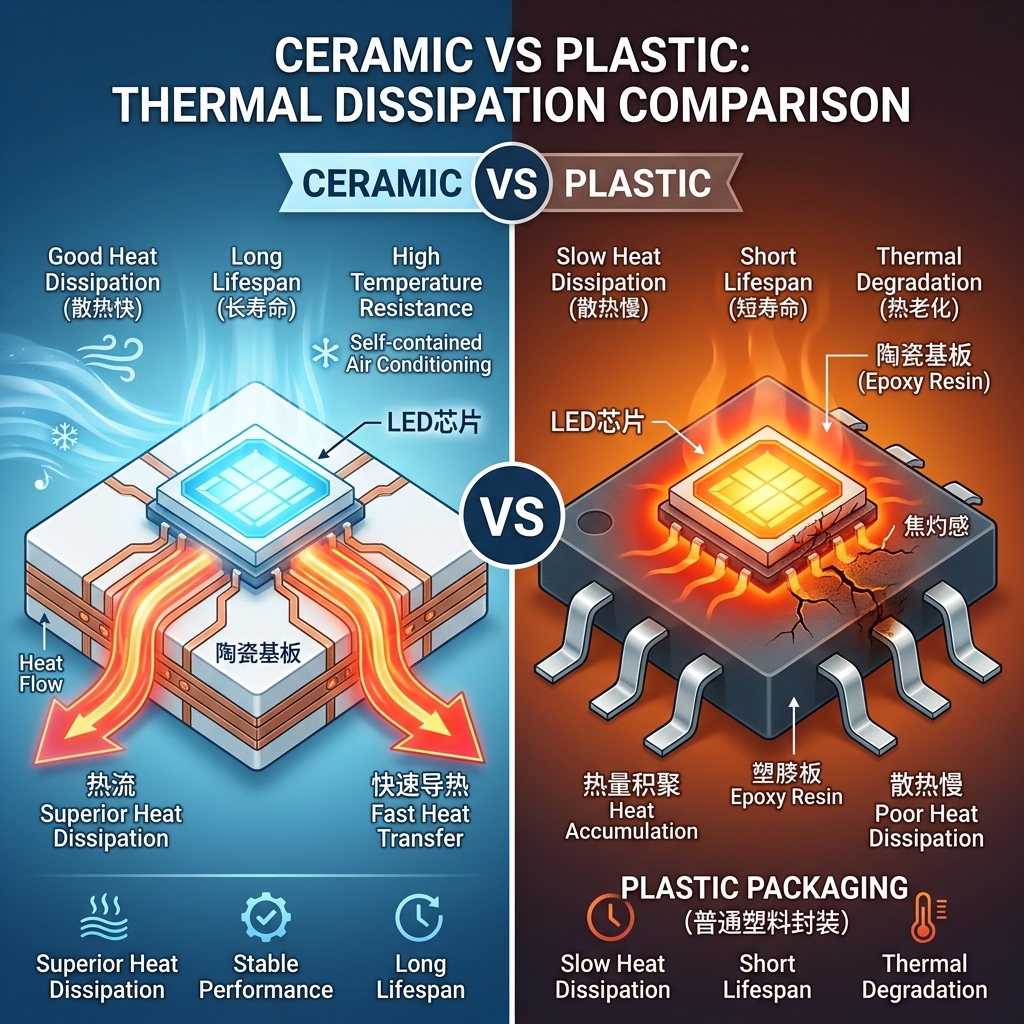 陶瓷封装与塑料封装散热对比图，清晰展示陶瓷基板优越的散热性能及对产品稳定性的影响