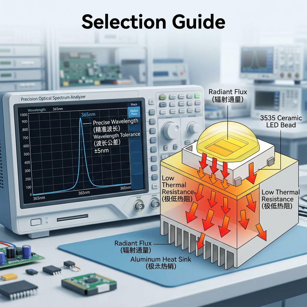 3535陶瓷LED选型参数图，展示辐射通量、365nm精准波长公差和极低热阻特性。