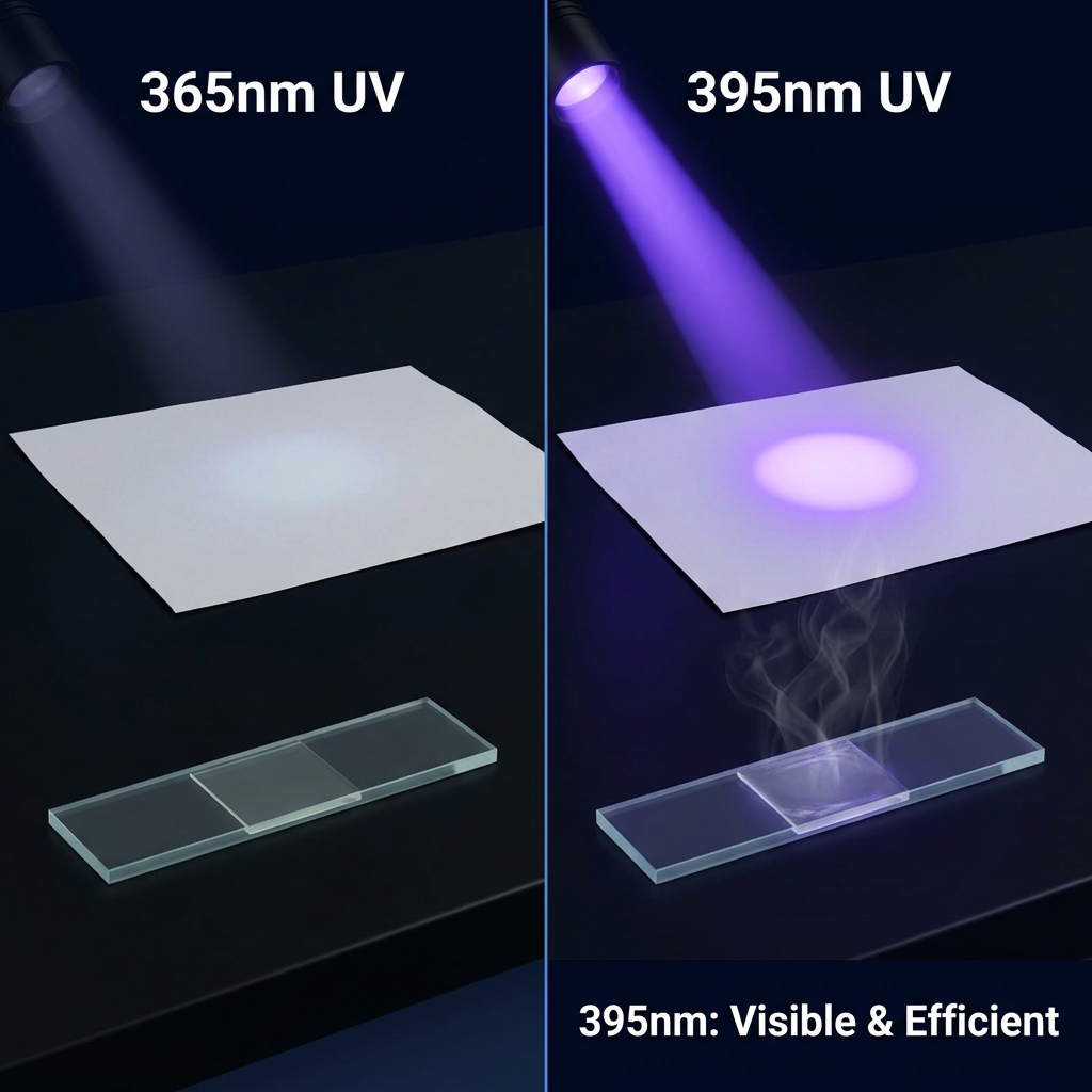 395nm与365nm紫外线对比图：395nm紫光可见高效，能快速固化UV胶水，而365nm光线微弱