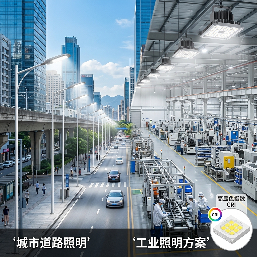 5050LED灯珠在城市道路照明、工业厂房和建筑亮化等多种场景的应用展示