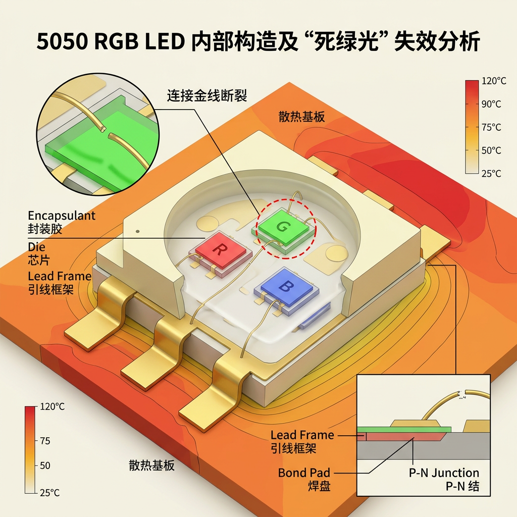 5050RGB灯珠3D剖面示意：InGaN绿光芯片与金线断裂示意及热力分布