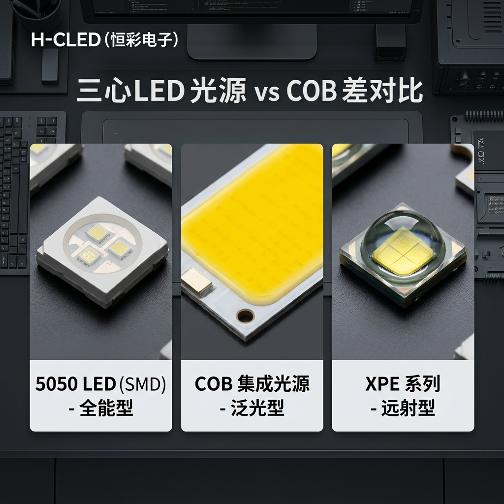 5050、COB和XPE三种LED光源技术高清特写对比,直观展示其封装特点、发光形态及主要用途分类。