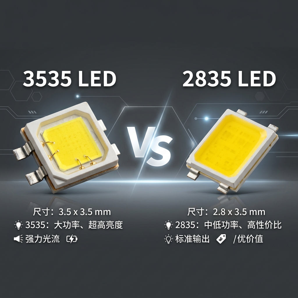 3535 LED与2835 LED灯珠物理外观及功率特性对比图