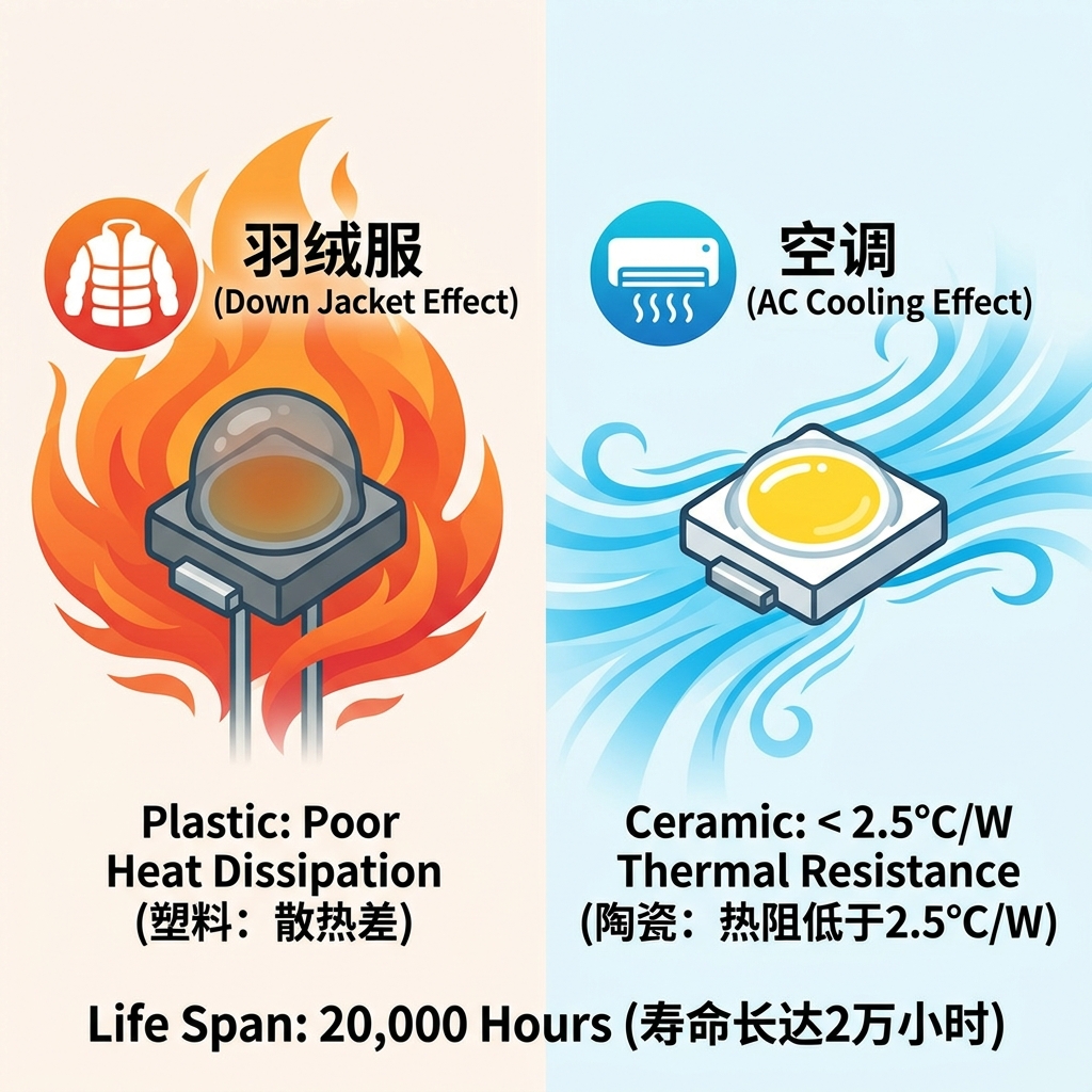 陶瓷底座与塑料底座LED散热对比图，陶瓷底座散热极佳寿命长达2万小时