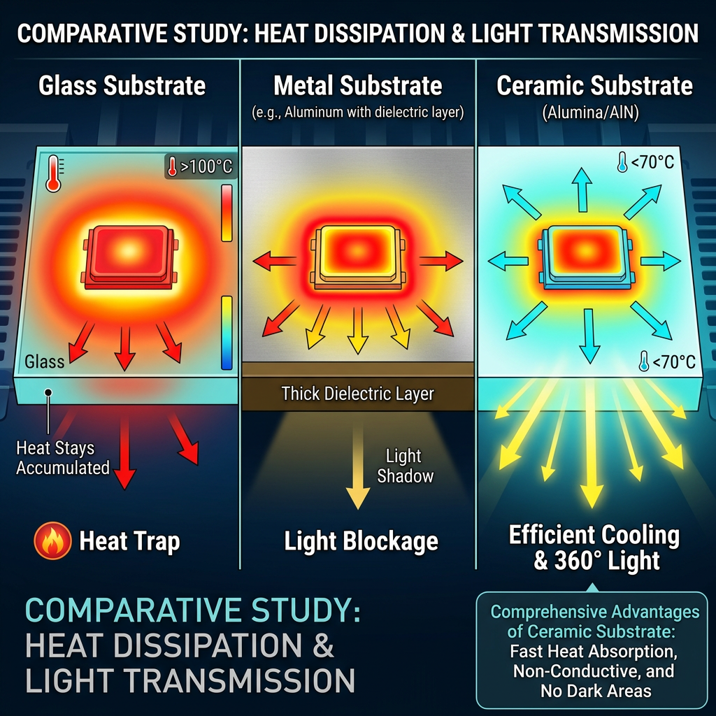 对比插图:玻璃、金属与陶瓷基板散热性能差异,突出陶瓷高效散热与360°发光优势。