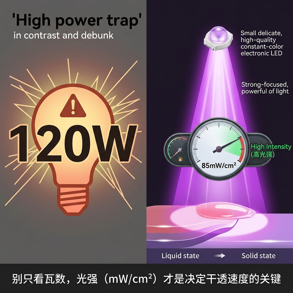 美甲灯功率与光强对比图：高瓦数不等于高光强，恒彩电子LED灯珠以高光强（mW/cm²）确保美甲快速彻底固化