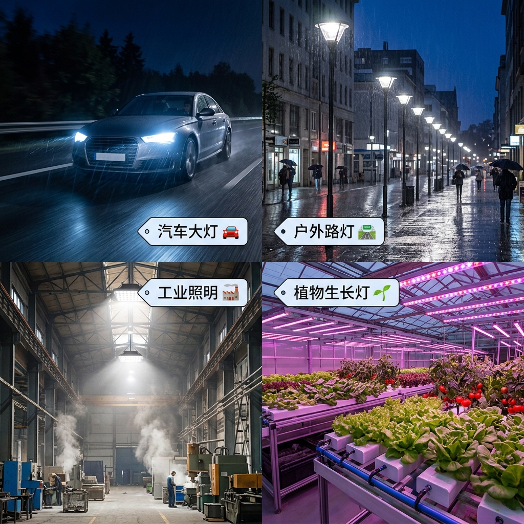 3535陶瓷灯珠多场景应用图,包括汽车大灯、户外路灯、工业照明和植物生长灯
