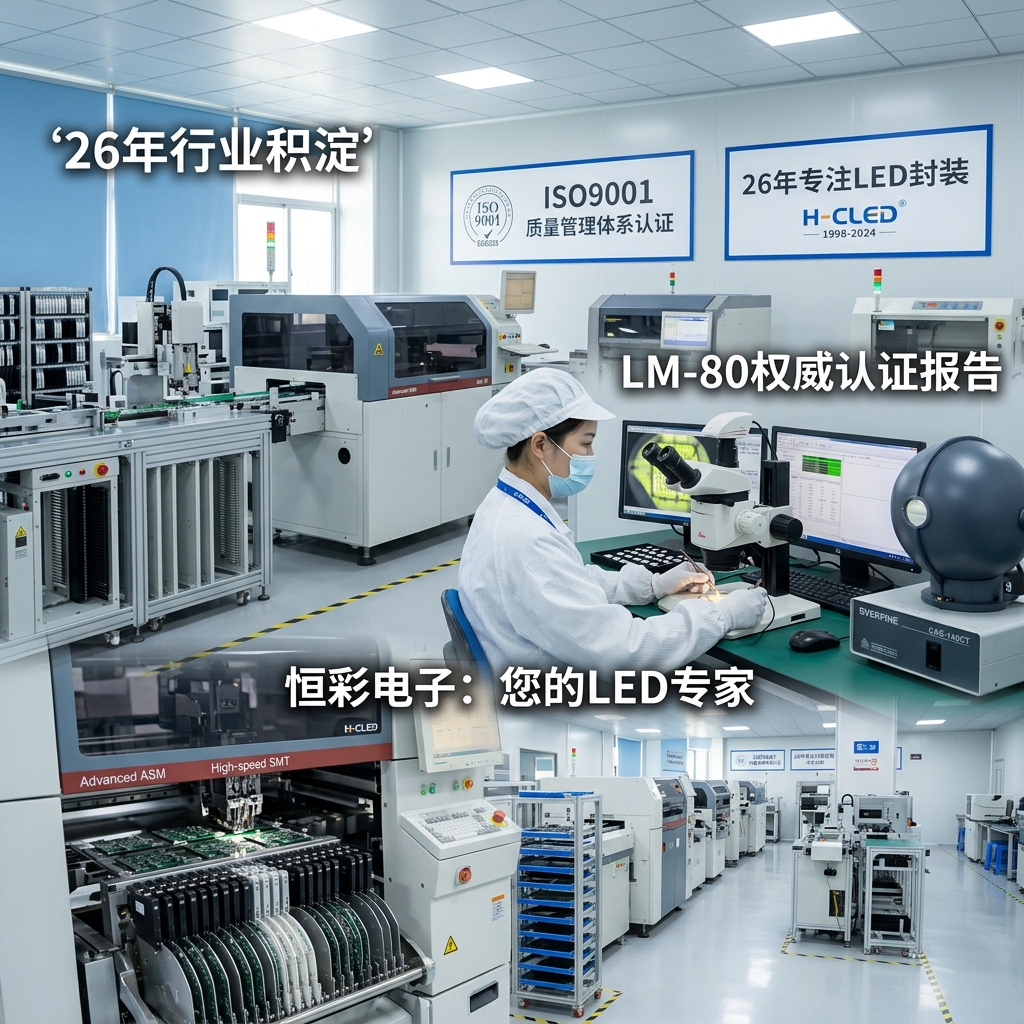 恒彩电子现代化全自动LED封装车间与工程师进行5050灯珠质检，展示其26年行业经验和ISO9001认证