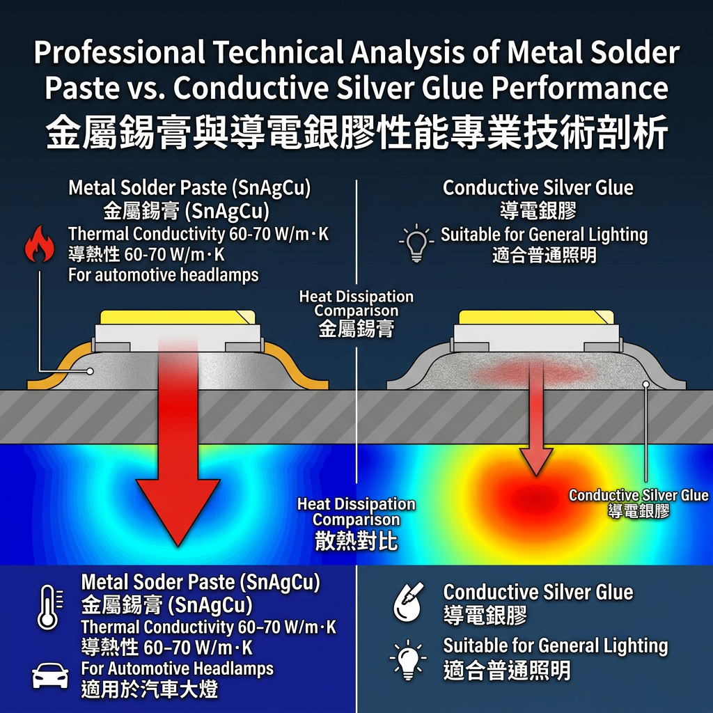 LED固晶材料对比图：金属锡膏（左）与导电银胶（右）在导热性与应用场景上的差异分析