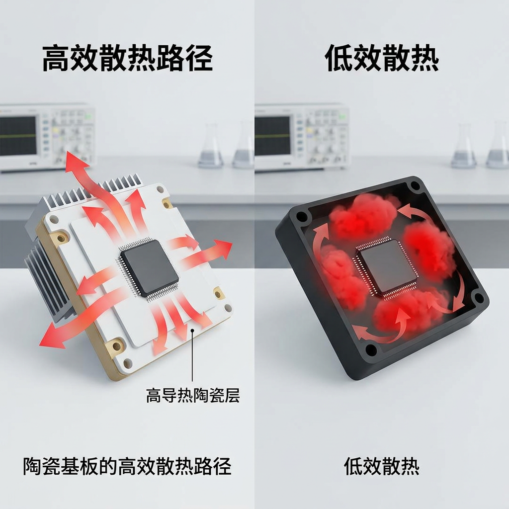 技术对比示意图，左侧展示陶瓷底座LED灯珠高效散热路径，热流顺畅传导；右侧展示普通塑料支架，热量积聚在芯片周围。图片标注：陶瓷基板的高效散热路径。
