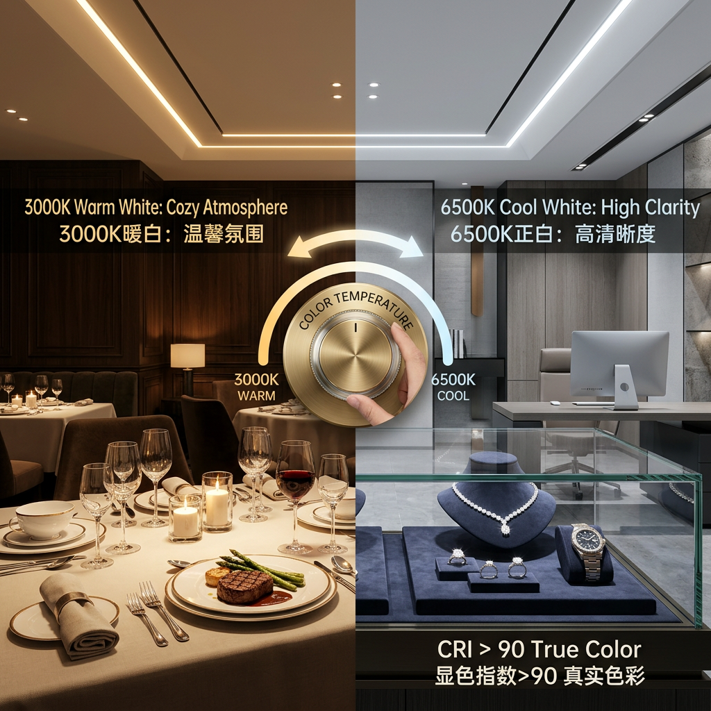 3535双色LED在商业场景应用效果图，展现3000K暖白温馨氛围与6500K正白高清晰度的自由切换