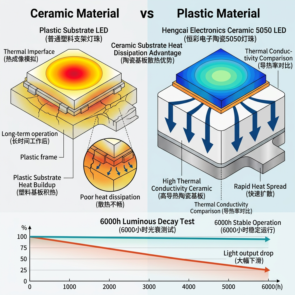陶瓷与塑料灯珠散热及寿命对比图,展示陶瓷基板优越的散热和抗光衰性能