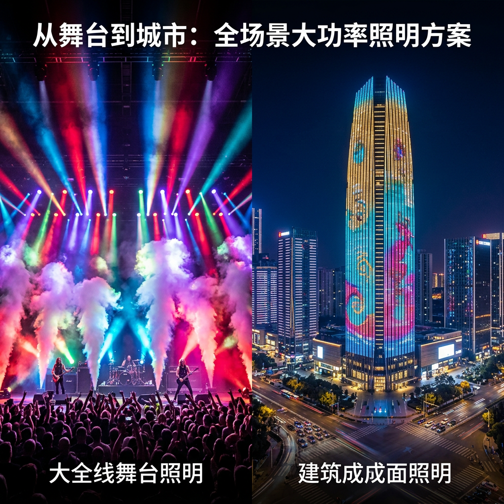 左右对比图，左侧为演唱会舞台上炫丽的陶瓷5050RGB灯珠光效，右侧为城市地标建筑外墙的动态亮化照明，展现了灯珠在大型舞台和建筑景观中的广泛应用。
