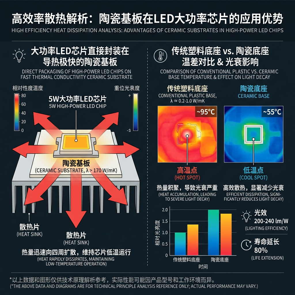 陶瓷基板散热优势技术示意图，对比展示陶瓷与塑料底座散热效果，并标注高光效与长寿命特性