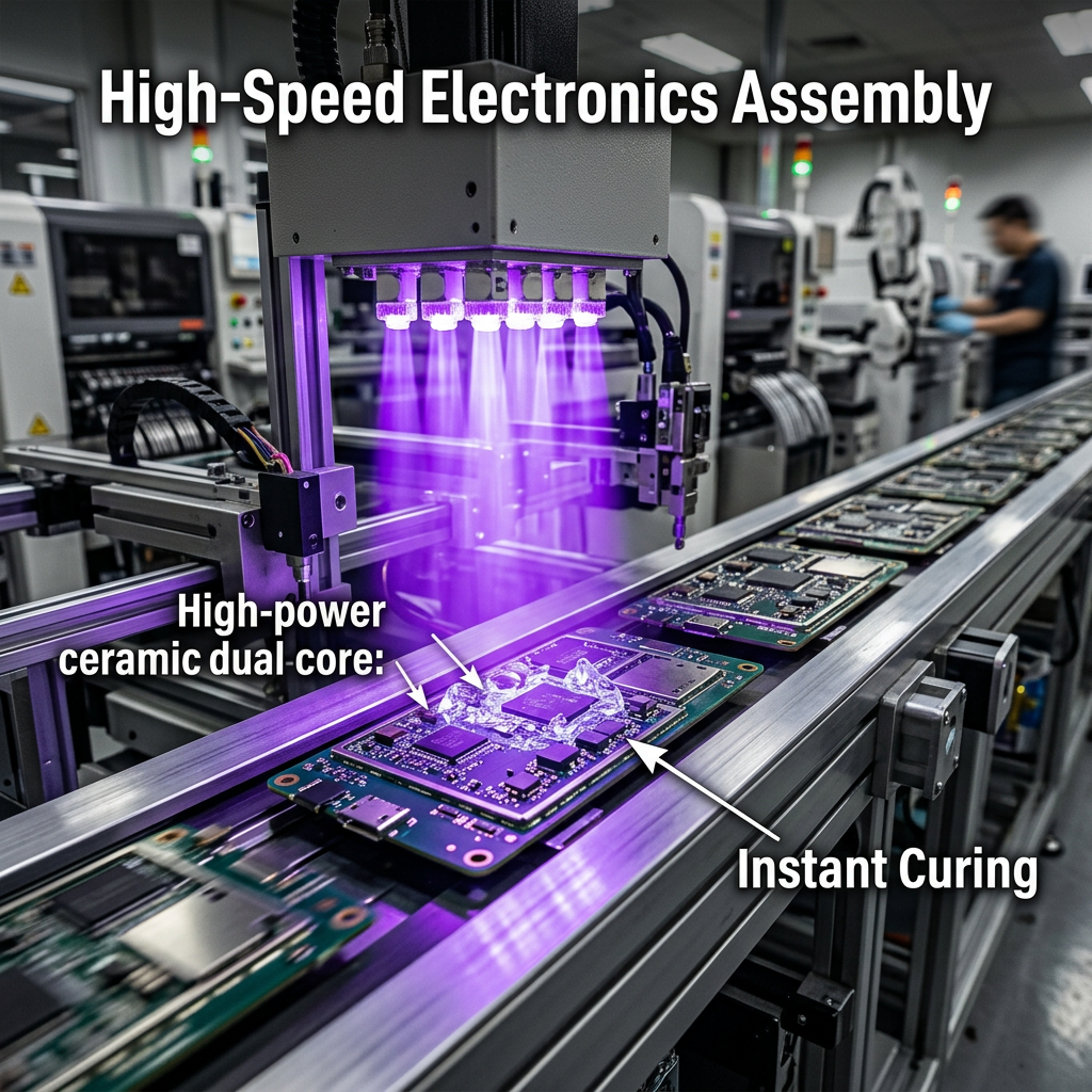 大功率陶瓷双芯395nm紫外线UV固化光源在自动化电子制造流水线上，高速固化手机主板上的微小胶点，展现提速增效