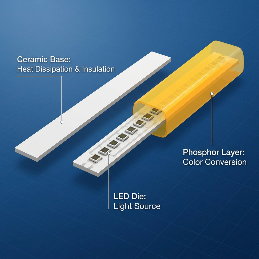 LED陶瓷灯丝3D拆解图,展示氧化铝陶瓷基板、LED发光芯片和荧光粉涂层。