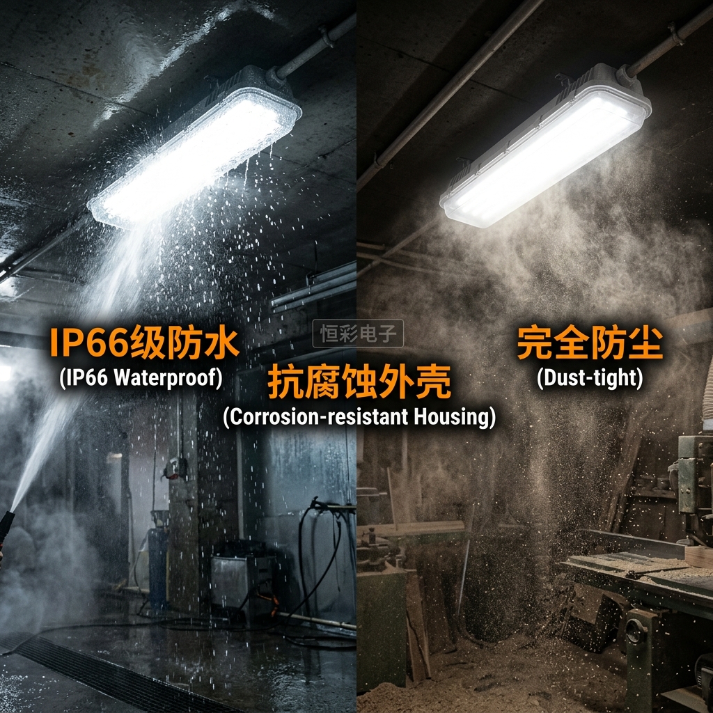 LED三防灯在地下停车场和木材厂的恶劣环境下，展现IP66防水、防尘、防腐蚀的卓越性能对比